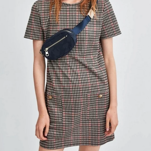 Zara Houndstooth Trafaluc Brown Black Red SHIFT Dress Size Small Polyester - Picture 1 of 16
